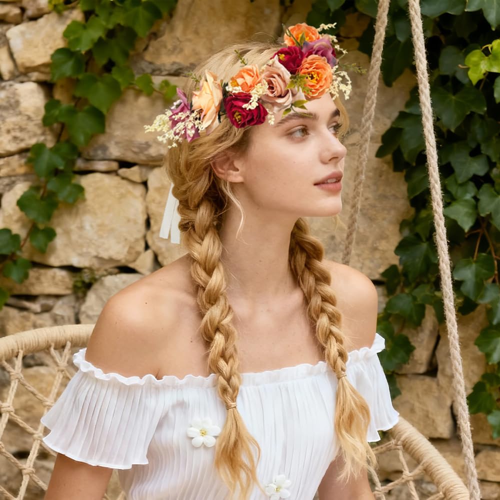 Ozdoba do włosów dla panny młodej z zestawem bransoletek, opaska na włosy, na wesele, w stylu boho, wianek kwiatowy, róża, wianek kwiatowy, korona kwiatowa, opaska na czoło, dla kobiet, na