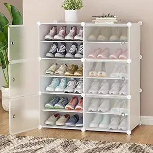 YOUDENOVA DIY Portable Shoe Rack Organizer/Multi-Purpose Shelf Storage Cabinet Stand Expandable for Heels, Boots, Slippers Plastic Portable and Folding Shoe Rack (White, 6-Door 12-Layer)