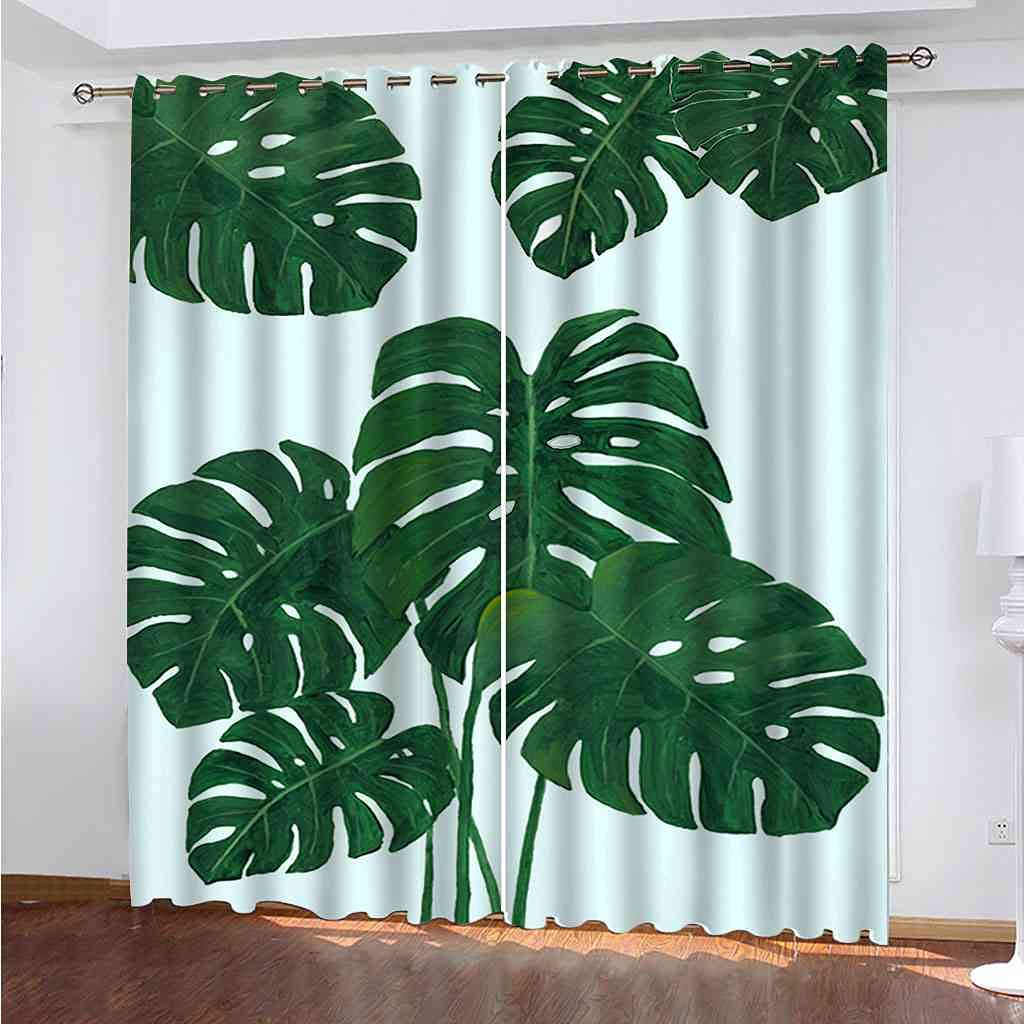 Rideau Occultant Feuilles Vertes 300x270 cm | Paire de Rideaux Isolants Lourds à Oeillets