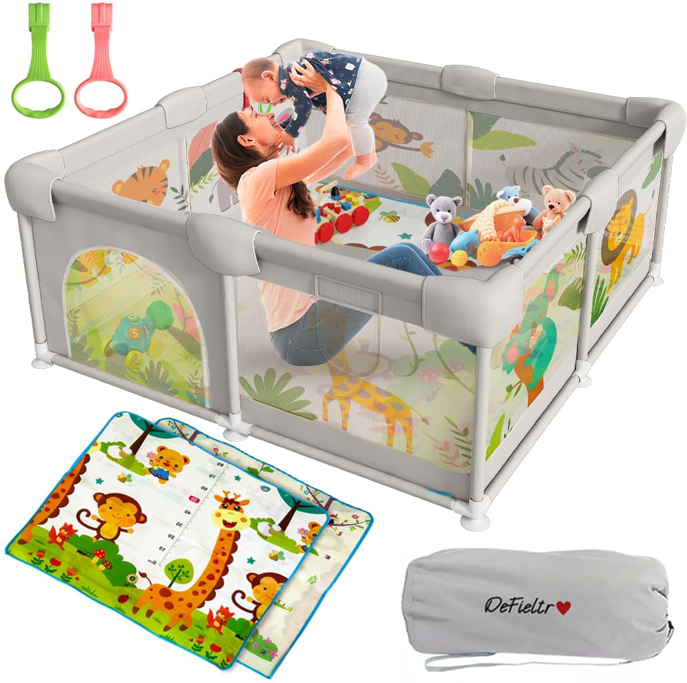 DeFieltro Parque infantil bebé da selva 120 x 120 - trela bebé com malha de animais respirável - corrente dobrável bebé antiderrapante com tapete acolchoado 2 anéis e bolsa portátil
