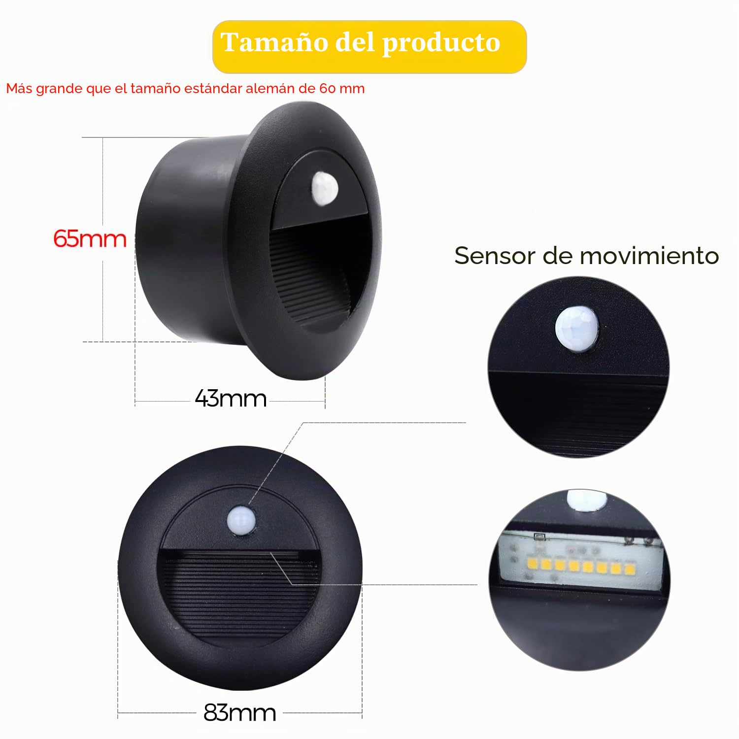 8 led empotrables de pared con Sensor De Movimiento, 1.5W, 3000K, IP65, 65mm Luces Empotrables Para Escalones, aluminio, redondas, 230V, Apliques de pared de Luces de escalera, negro