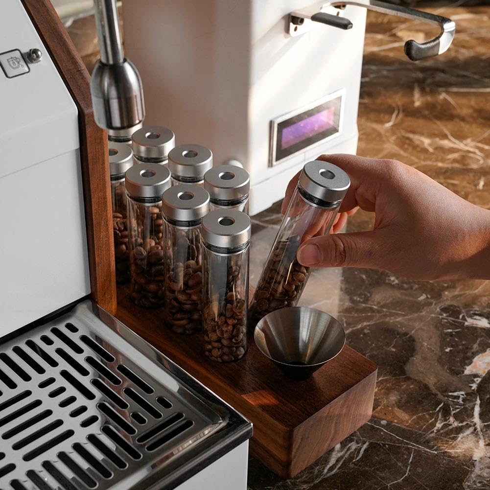 watchget 12 tubos de almacenamiento de granos de café de una sola dosis, recipiente de almacenamiento de café con válvula de escape unidireccional, viales de vidrio con base de madera de nogal y