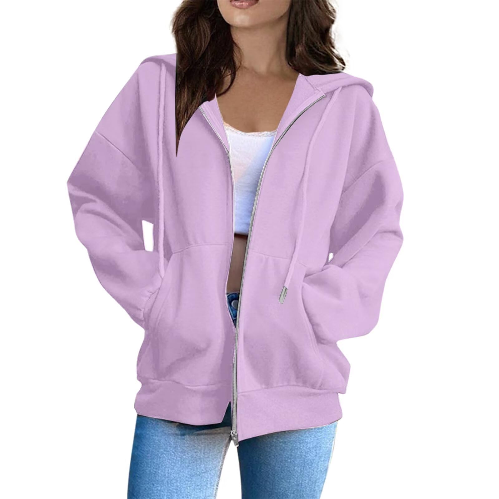 Roupas femininas de outono e inverno, moletom com zíper, casual, com capuz e cordão, agasalho leve