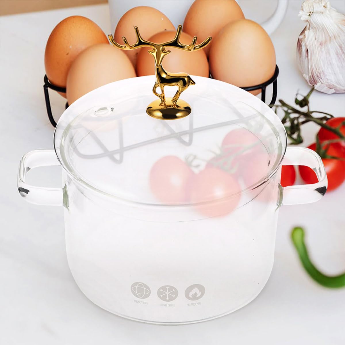 SEWACC Suppentopf aus Hitzebeständigem Glas mit 1900ml Fassungsvermögen Doppelohrgriff für Einfaches Handling Elk Style Deckel zum Kochen von Suppen im Haushalt