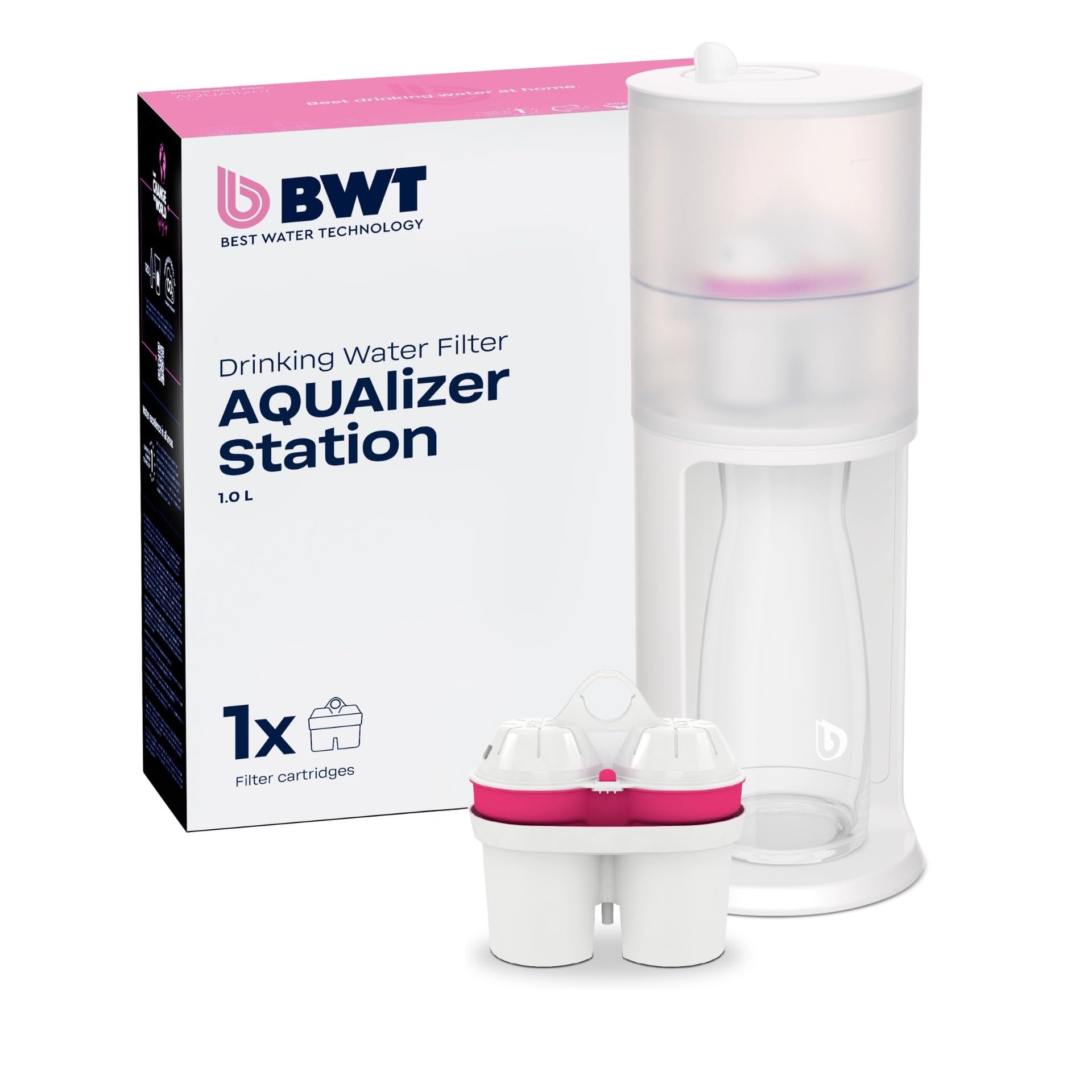 BWT Wasserfilter AQUAlizer Station inkl. 1 Magnesium Filterkartusche | Tischwasserfilter & Glaskaraffe | Trinkwasserfilter | Wasserspender für Leitungswasser (AQUAlizer Station + Magnesium)