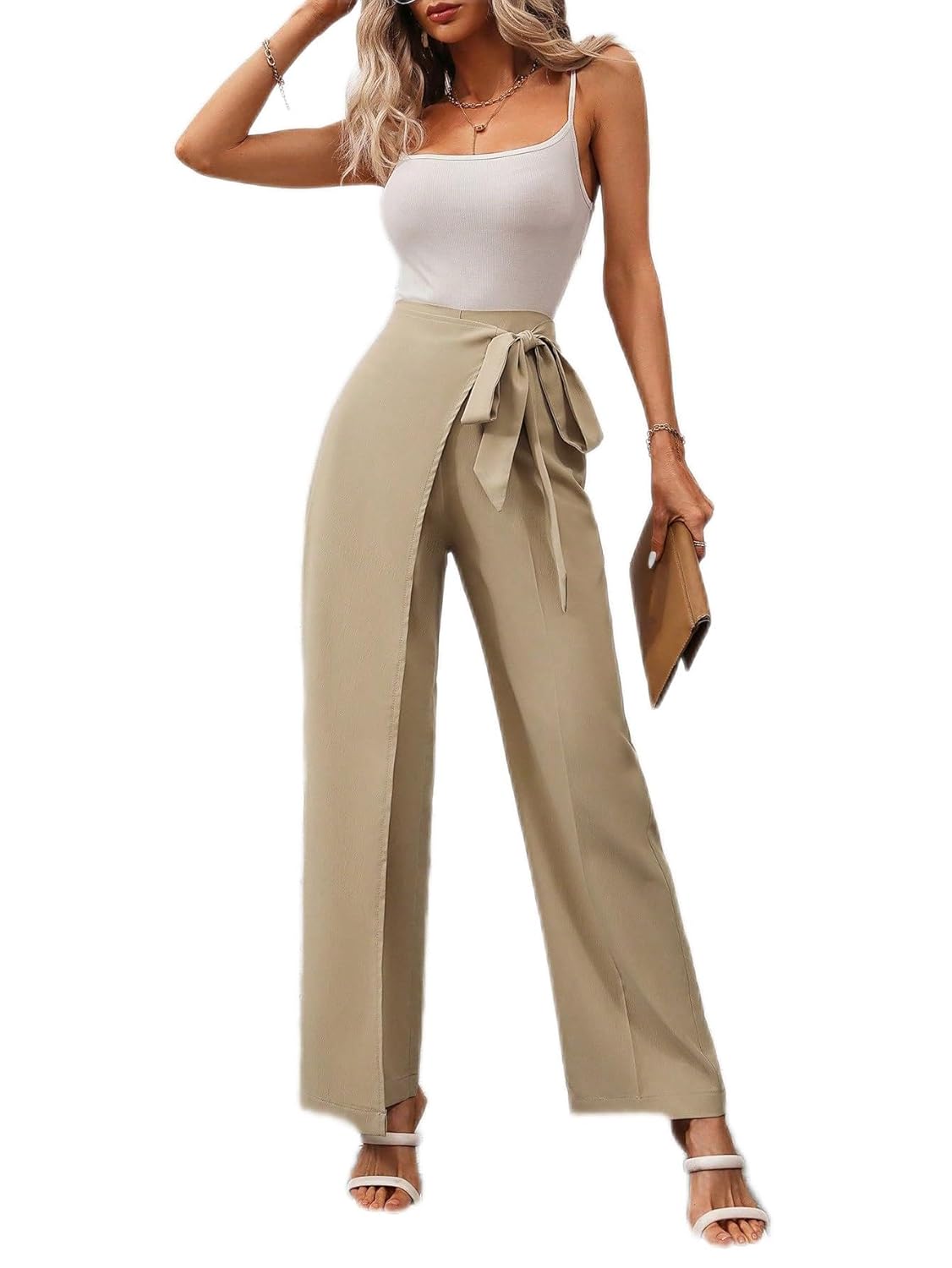 CRYBA Womens Pants Solid Tie Front Straight Leg Pants Pant for Women