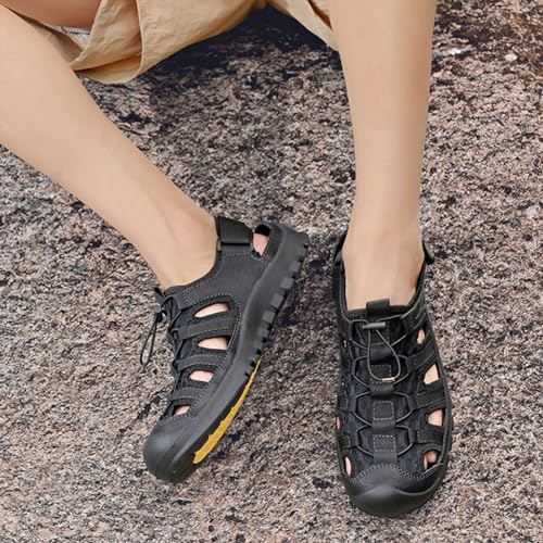 Zeberfi Men Hollow Genuine Leather Mesh Fisherman Sandals with Hook and Loop Fashion Lace Up Closed Round Toe Outdoor Athletic Casual Beach Shoes Summer Breathable Walking Sports Hiking Sandals4