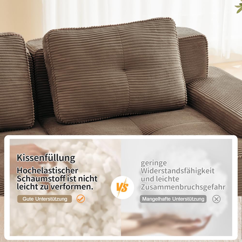 Sapgaks Canapé d'angle Convertible,canapé Convertible 2-4 Places,canapé à Compression modulaire,Rembourrage en éponge Haute densité 32D,Tissu Velours côtelé (Marron, 3 Seats + 2 footrests)