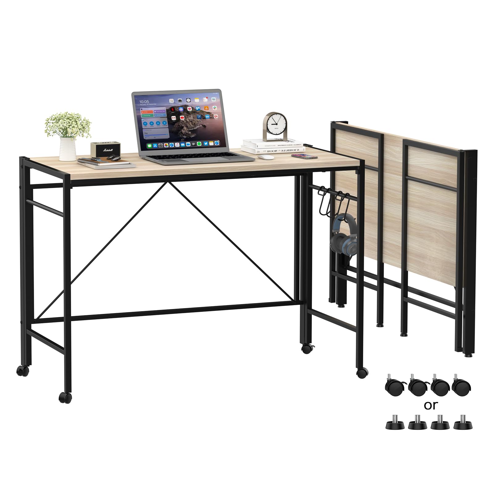 Mesa de Escritorio Plegable con Ruedas Pies Antideslizantes Escritorio de Ordenador Plegable con 2 Ganchos, Mesa Abatible de Madera y Acero Mesa de Trabajo Mesa de Estudio Puesto, 50x110x75cm, Beige