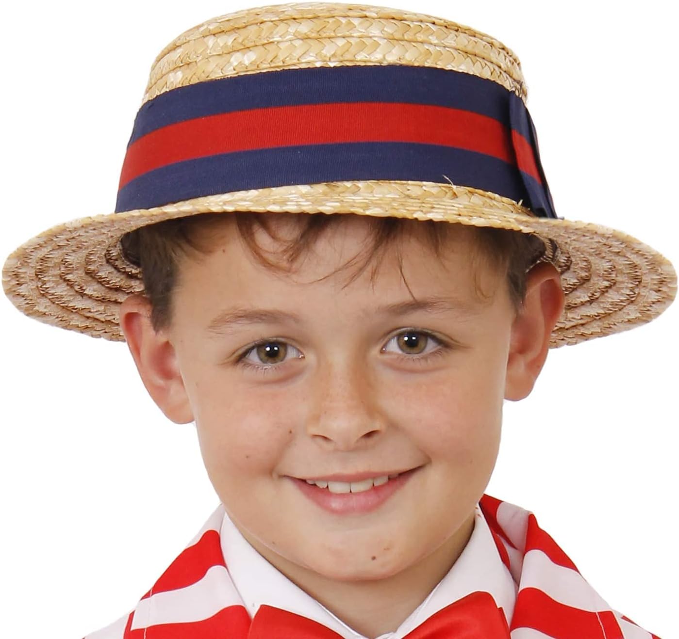 Child's Deluxe Straw Boater Hat - Straw Styled Hat With Blue and Red Striped Band - Perfect for Victorian Themed Fancy Dress, Movie Dress Up and Other Fancy Dress Events