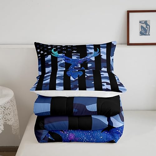Miniatura 5 de Juego de edredón de camuflaje con ciervo, tamaño matrimonial, juego de ropa de cama con bandera de Estados Unidos de color azul militar para niños,