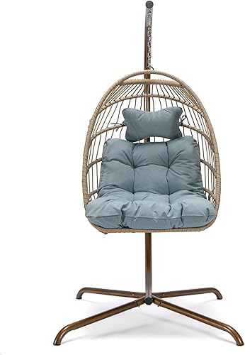 Miniatura 8 de Silla colgante de mimbre con soporte para porche Hamaca resistente a los rayos UV con estructura de aluminio, 350 libras de capacidad, para balcón,