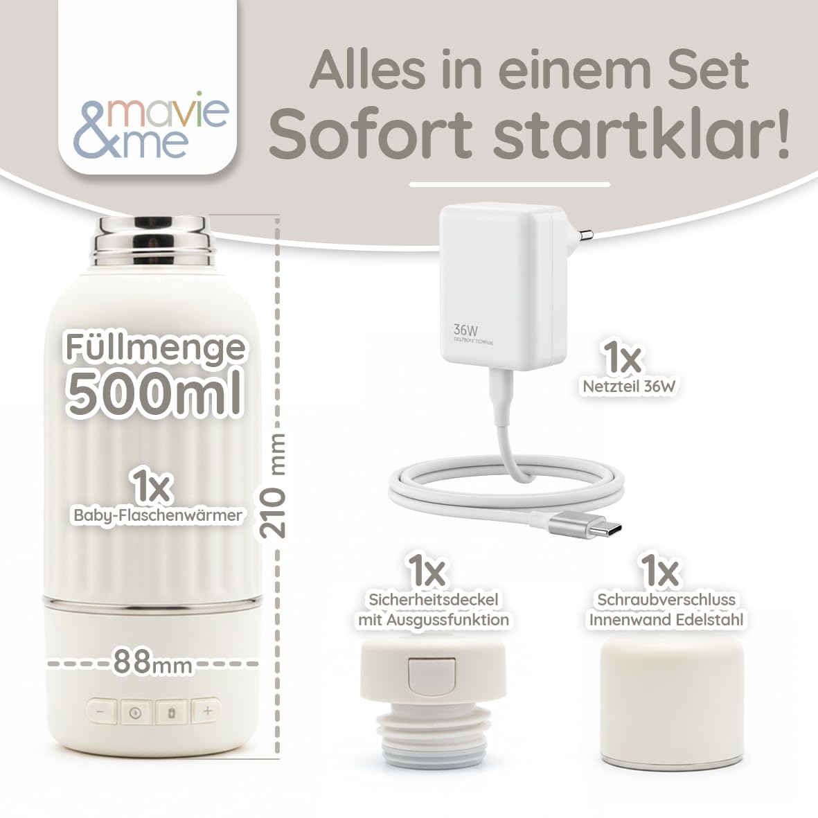 mavie&me Chauffe-biberon pour bébé 500 ml avec batterie - Blanc mat | Sans BPA avec stérilisation, chauffage rapide en 3 minutes – Chauffe-lait maternel mobile et chauffe-eau, blanc mat