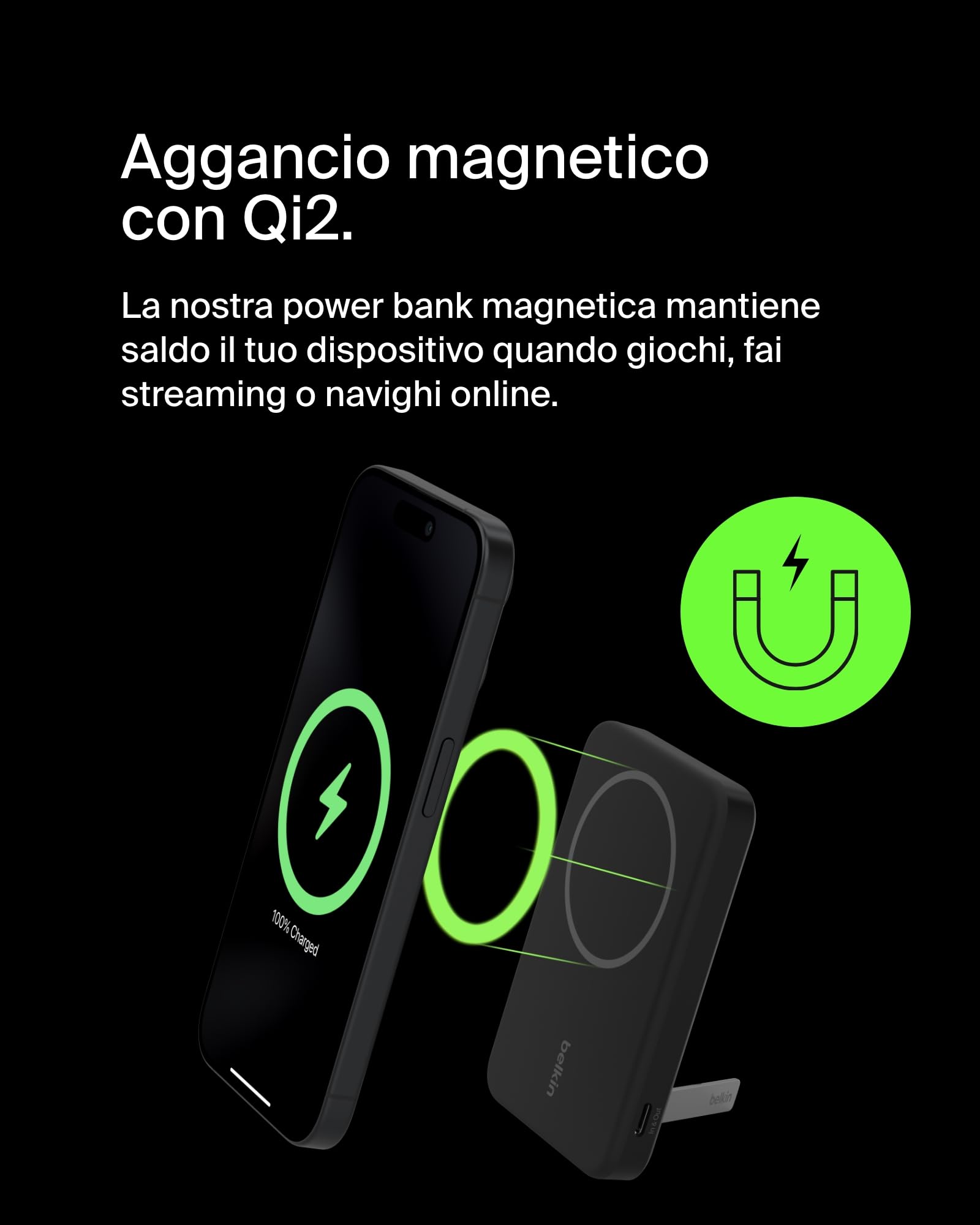 Belkin BoostCharge Pro Power Bank Magnetico 5000mAh con Qi2, caricabatterie portatile compatibile con MagSafe, supporto integrato, power bank wireless per iPhone 16, iPhone 15, 14 e altri, Nero