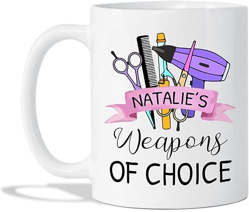 Tazas de peluquería personalizadas, taza de café de armas de elección, diseño de taza de café para estilista con nombre personalizado para
