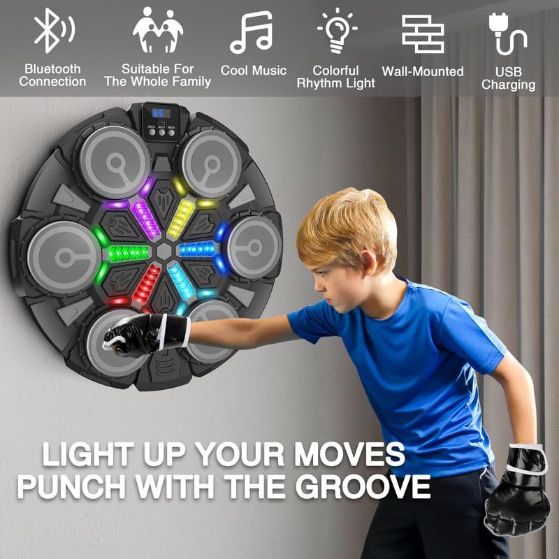 Image of Music Boxing Machine Sport Toys for Kids and Adults,Wall Mounted Bluetooth Smart Punching Target,Training Pad Toy with Boxing Glove,Ideas Toys for Boys Girls Kids 3 4 5 6 7 8 9 10 11 12+ Years Old