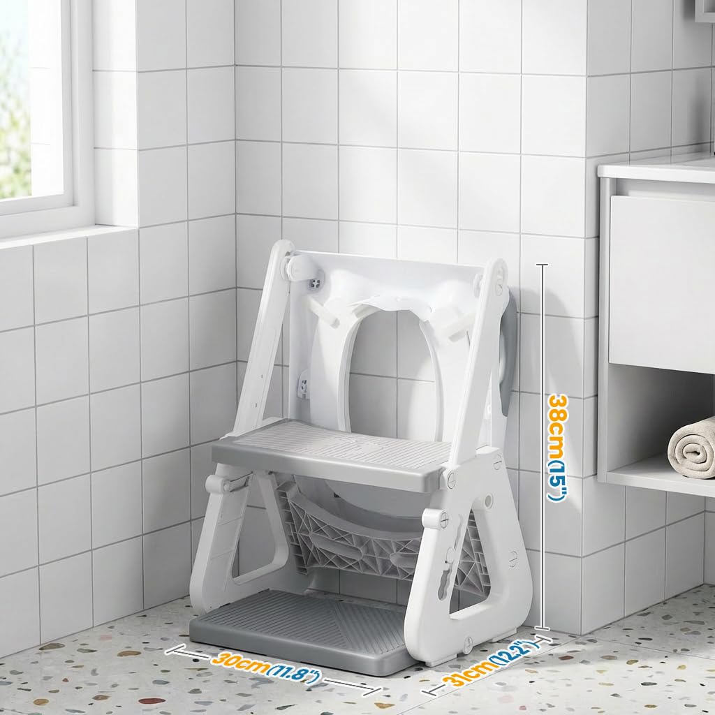 Toilettensitz Kinder mit Treppe, Stabil Kinder Toilettensitz mit Dreiecksstruktur, Verlängerter Pedal- und Spritzschutz und Wasserdichtes PVC-Polster, Rutschfest und Faltbar, Grau