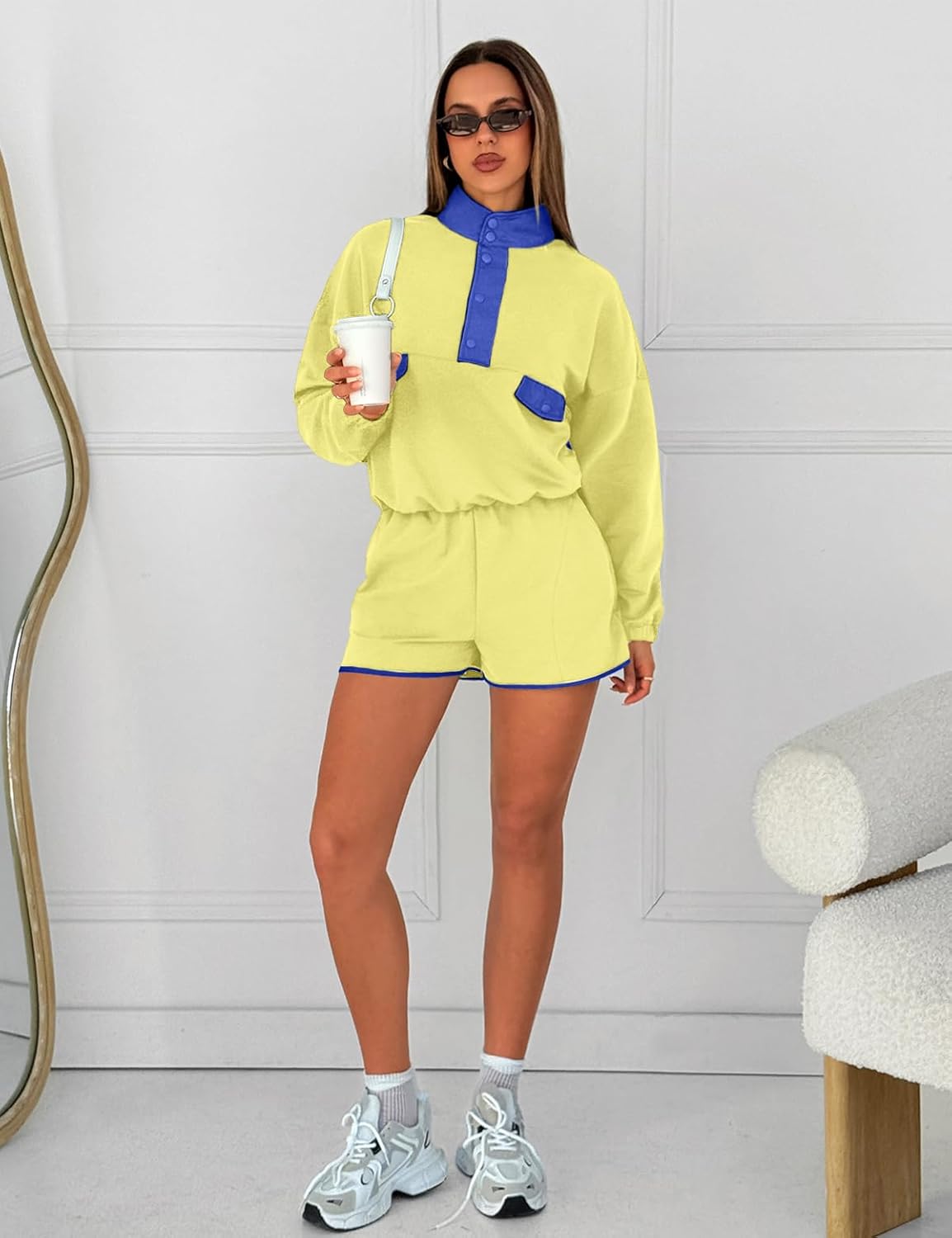 UNIANKIYA Womens Two Piece Matching Sets Long Sleeve Top Short Set with Pockets Casual Workout Lounge Travel Vacation Outfits - Image 4