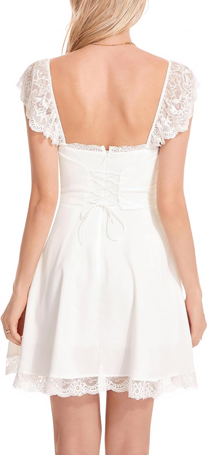 Womens Graduation Party Mini Dress Cute Square Neck Lace Straps White Fairy Short Dress - Image 6