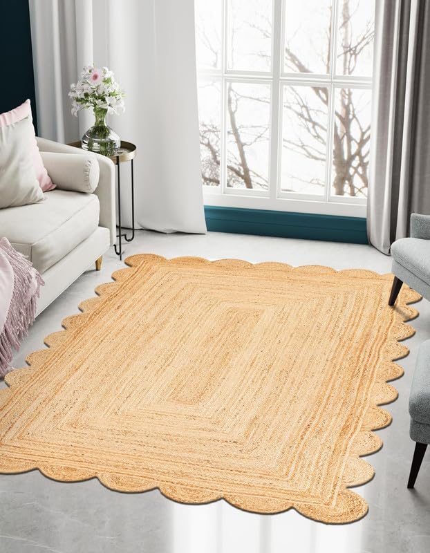 6x7 Ft Natural Scalloped Jute Rug | Handwoven Premium Braided Carpet for Living Room, Bedroom & Entryway | Rustic Boho Home Decor