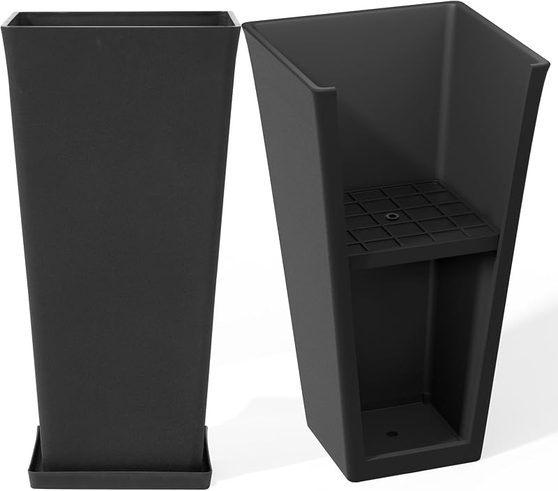 Tall Outdoor Large Rectangular Planters Set of 2, 30 Inch | Tall Black Planters with Shelf Insert, Extra Large Outdoor Flower Pots for Front Doors, Gardens, Porches, Entryways, Patios