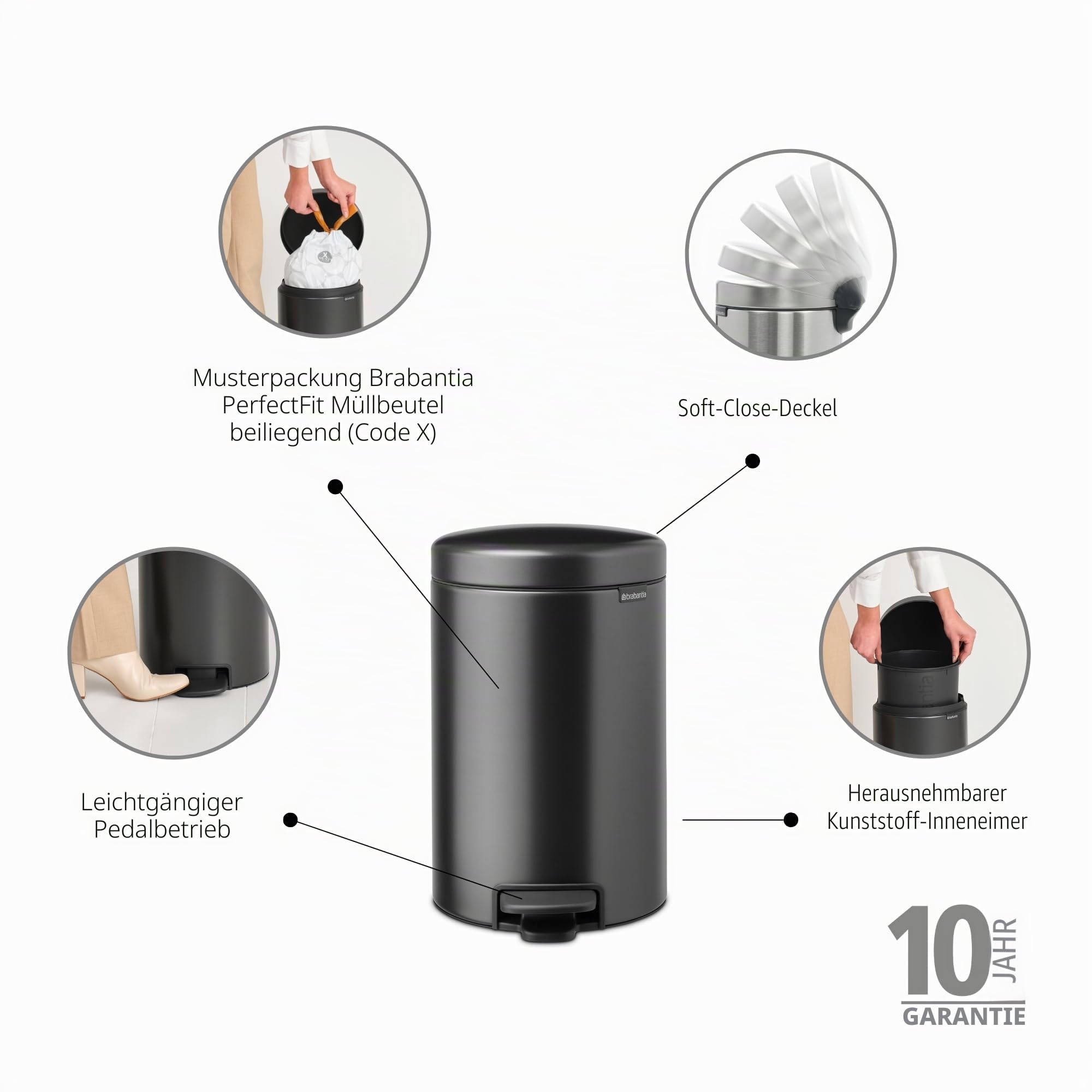 Brabantia NewIcon Treteimer 12 l | Softclose-Mülleimer mit geruchsdichtem Deckel und Kunststoff-Inneneimer | Kompakter, rutschfester Abfalleimer für Küche, Büro, Bad oder Schlafzimmer | Confident Grey