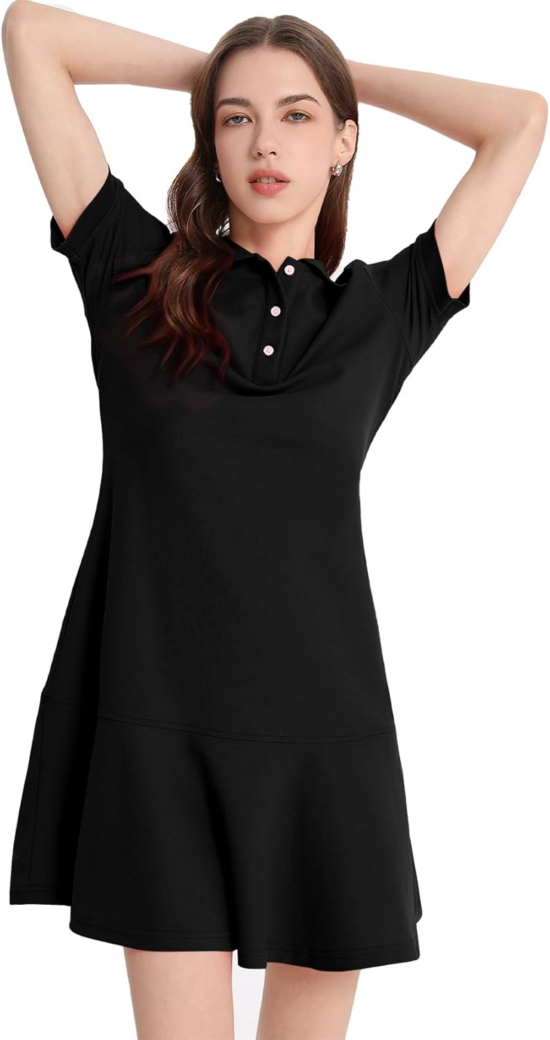 Flygo Womens Polo Dress Collared Short Sleeve Ruffle Golf Tennis T Shirt Sports Workout Mini Summer Dresses Tunic Pique(Black-XS), X-Small