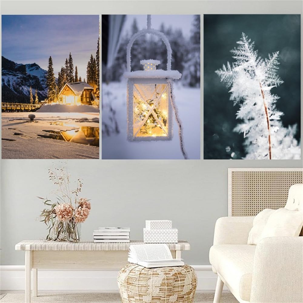WBYZAC Wall Pictures-Winter Snow Poster Nordic Art Print Pictures Night Landscape Light Cabin Picture Home Wall Living Bedroom Room Decoration Background-40 * 50cm*3PCS (No Frame)