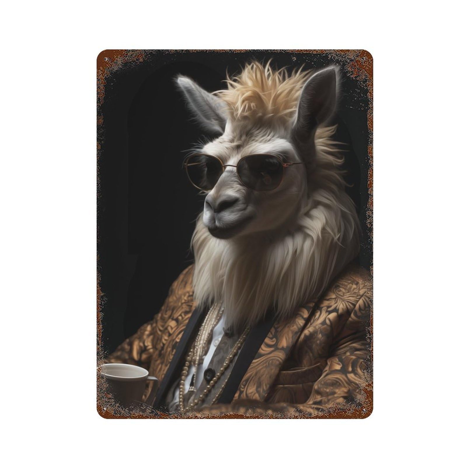 Rust Effect Funky Llama in Suit Decorative Tin Sign 15.7"x11.8", Farmhouse Wall Decor for Patio, Garden Room And Bar Decor