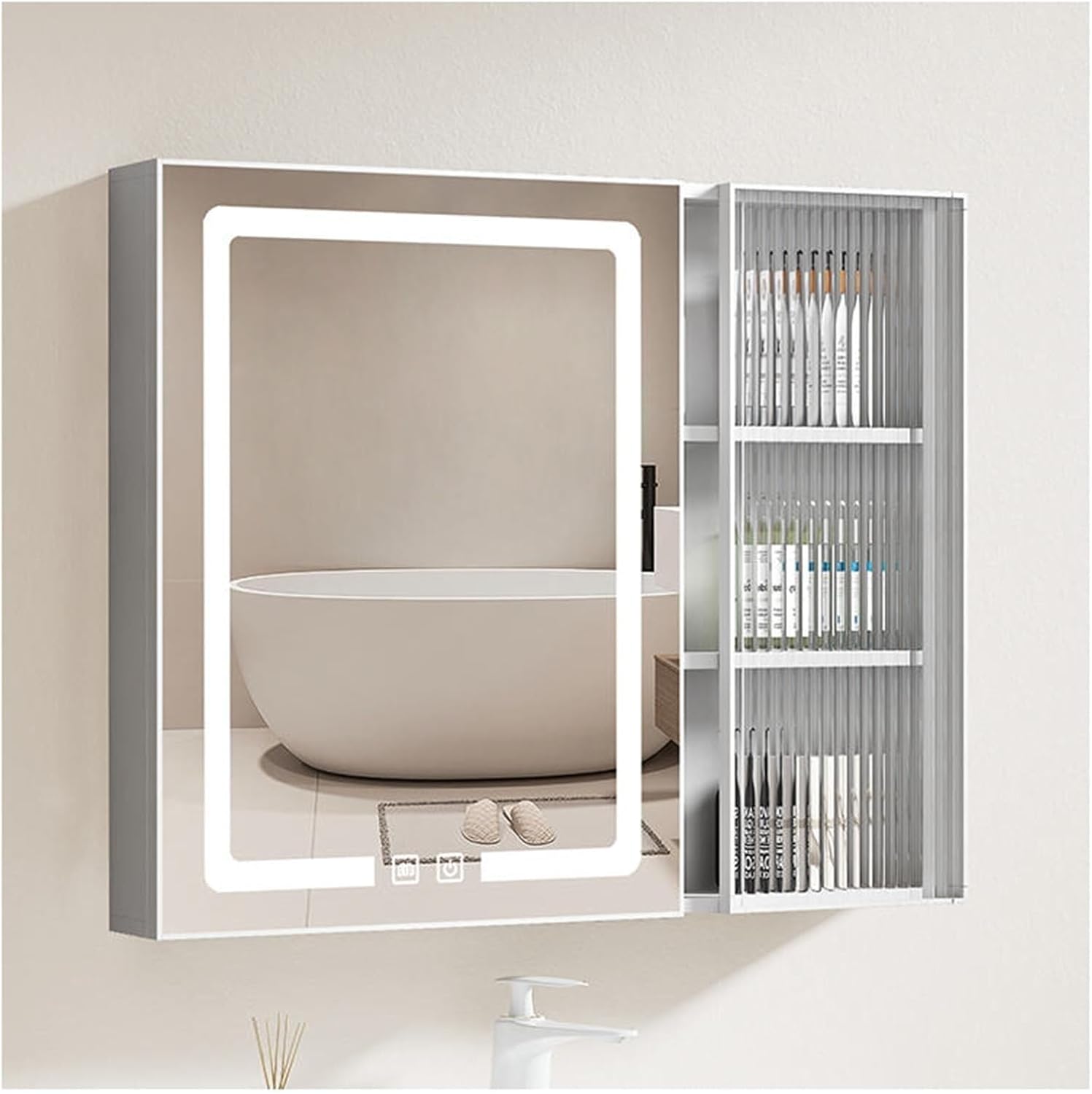 Wall-Mounted Smart Vanity Bathroom Cabinet with LED Mirror, Anti-Fog Touch Multi-Layer Storage, 31.5 x 25.6 inches, Lighting and Towel Rod(W70*H65cm/W27.6*H25.6in)