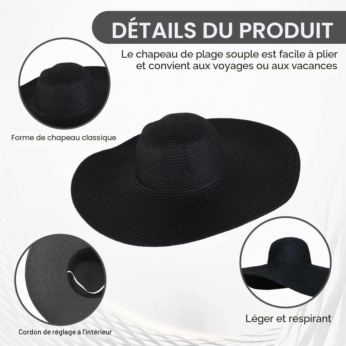VASANA Chapeau de femme à large bord pour jardin, plage, chapeau de soleil estival, chapeau large noir, Noir, 23