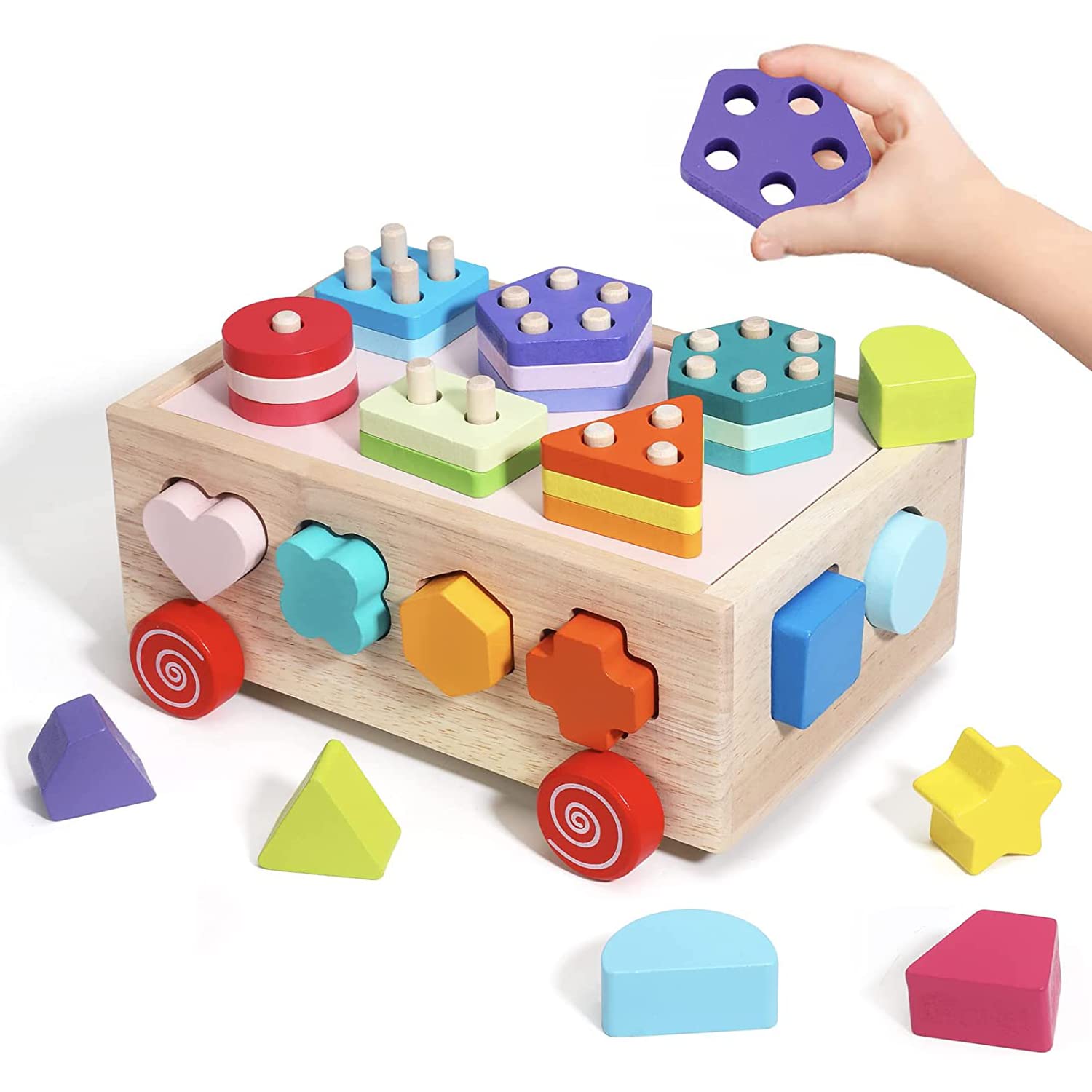Montessori Activity Cube Toys for 1-3 Years Old Toddlers, Wooden Toys for Boy Girl, Educational Learning Gifts for Baby Sorting & Stacking Shape Color Puzzle Blocks Toys