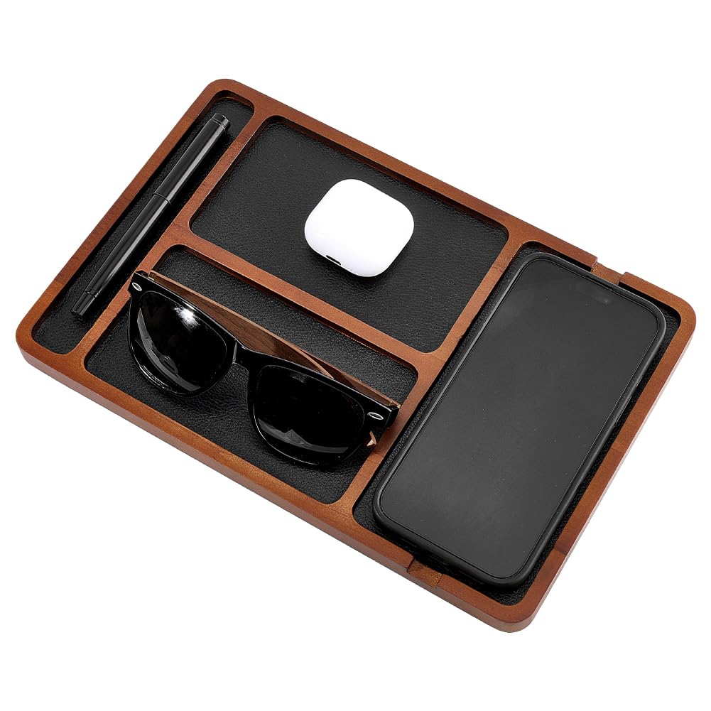 DELORIGIN Wooden Valet Tray Nightstand Organizer Leather-Lined Wood Tray Mens Edc Valet Organizer for Bedroom Office Entryway Desk Table Phone Watch Wallet Keys Jewelry Storage, 7.8 x 11.8 Inch