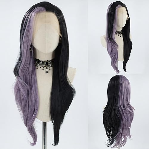 Synthetic Lace Front Wigs Long Highlight Purple Black Split Hair