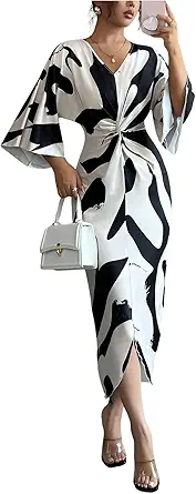 RoseSeek Women's Elegant Graphic Twist Front Dress with Ruffle Sleeves