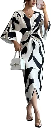 RoseSeek Women's Elegant Graphic Twist Front Dress with Ruffle Sleeves