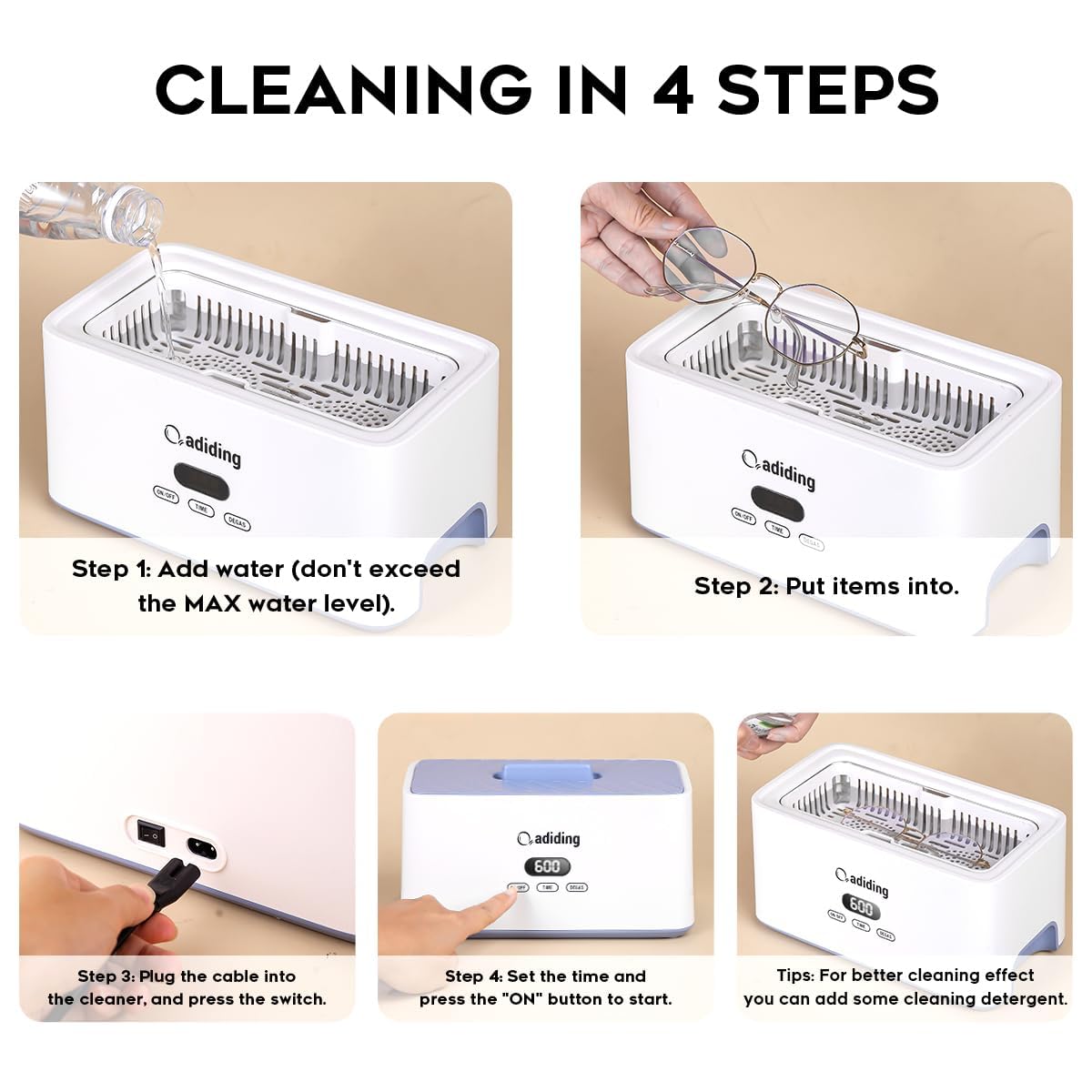 Adiding Ultrasonic Cleaner 1000mL Ultrasonic Cleaner Glasses Cleaner z 5 trybami czasowymi Tryb Degas Profesjonalna cyfrowa myjka ultradźwiękowa 45 kHz do okularów Biżuteria Pierścionki Monety Srebro