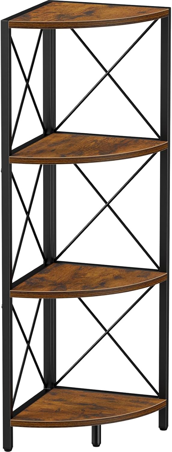 Snughome Rustic Corner Shelf Stand for Desktop, 4 Tier Corner Storage Plant Shelf, Freestanding Corner Shelf Display Rack, Multi-Unit Organizer for Living Room, Home Office, Small Space，Rustic Brown