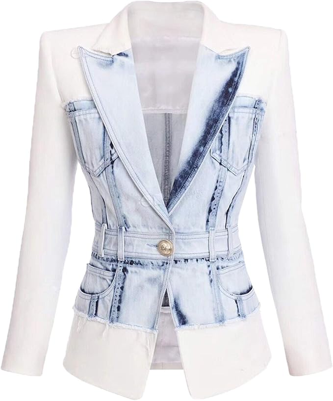 Blazer Women's Single Button Denim Patchwork Jacket Blazer at Amazon Womenâs Clothing store