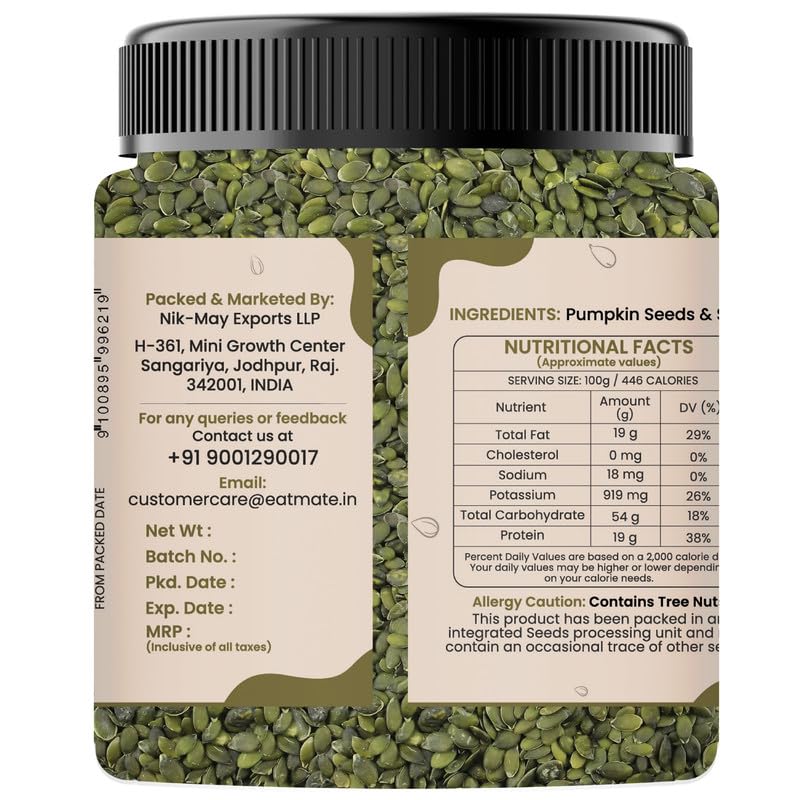 Image of Eatmate Roasted and Salted Pumpkin Seeds | High Fiber Vegetarian Crunchy Snack with Zinc and Magnesium | Natural Diet Protein Rich Seeds for Eating Fitness and Daily Nutrition Pack (500g)