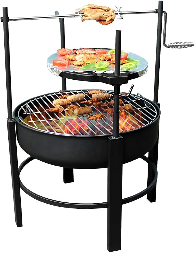 Fogón redondo de 26 pulgadas para exterior con parrillas y kit rotisserie miniatura 6