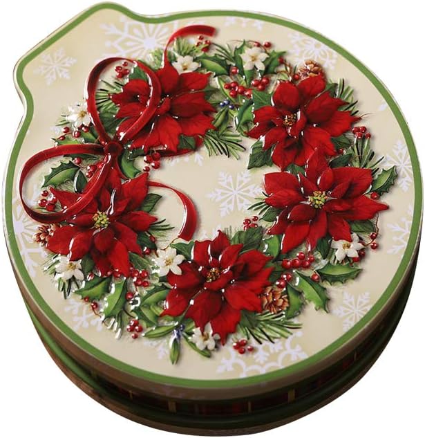 Amosfun Christmas Cookie Gift Tins Candy Box Round Biscuit Can Wreath Pattern Cookie Candy Gift Tins for Xmas Party