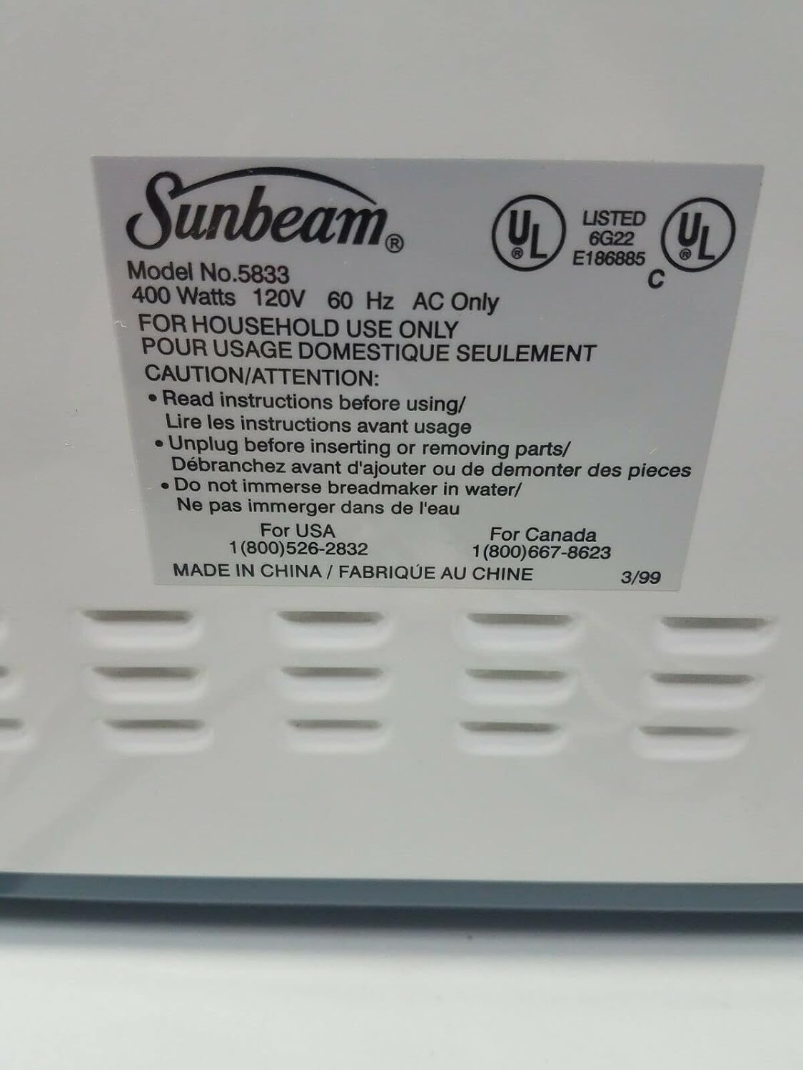 Sunbeam bread maker model 5833 label