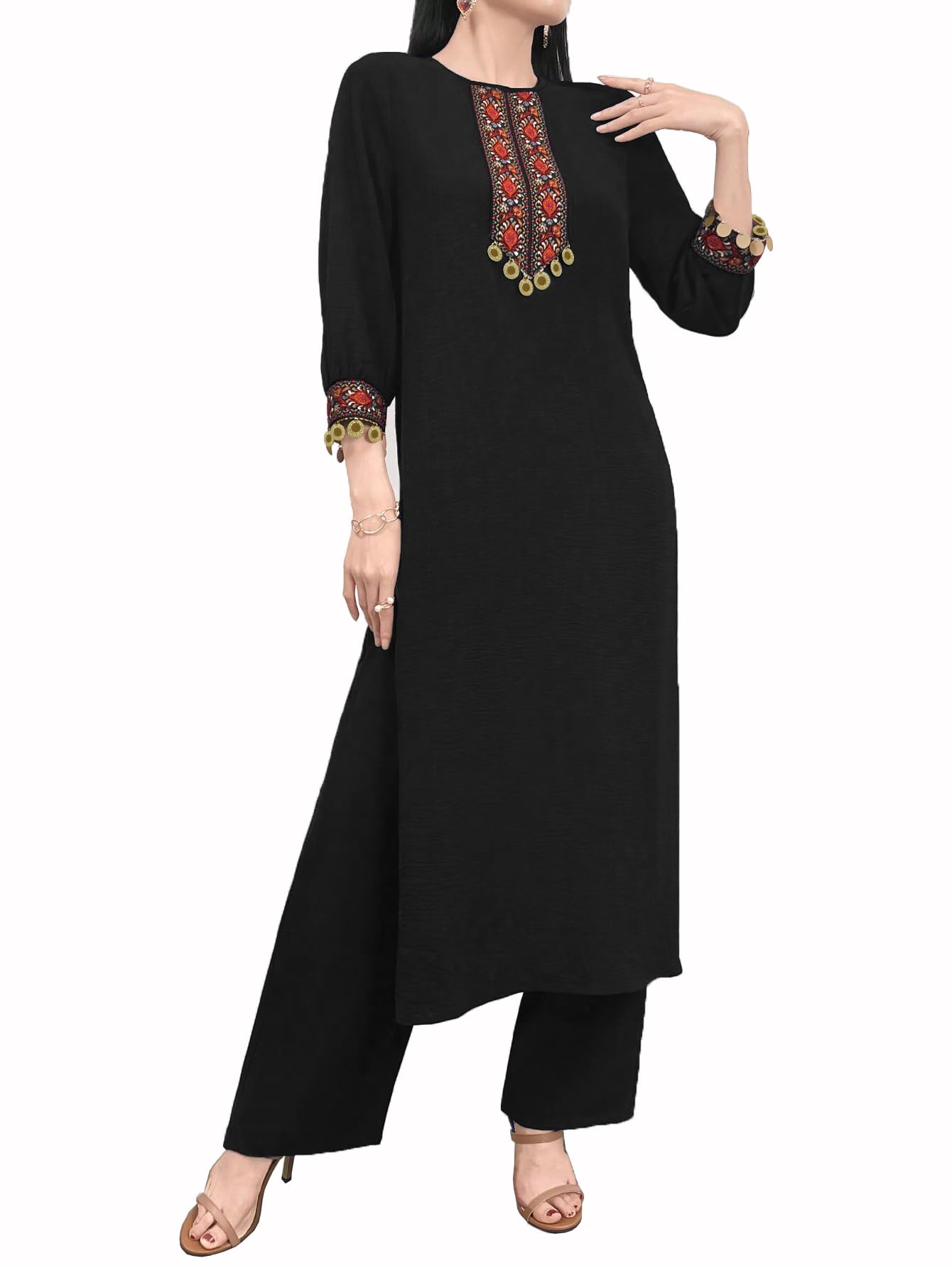 Tadkee Women's Vintage Patchwork With Pendant Decor Lace | 3/4 Sleeve | Kurta Set For Women (Fn-Pop-Lace-Kurta-Set-122-Black-M)