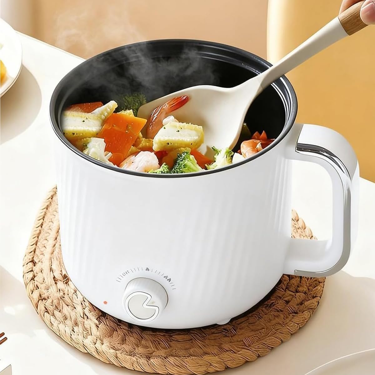 1.6L Electric Ramen Cooker Multicooker: Non-Stick Hot Pot for Instant Noodles Pasta Oatmeal Stews Soup Shabu-Shabu and Egg Dorm Cooking Includes Steamer Basket & Glass Lid Power Adjustment White