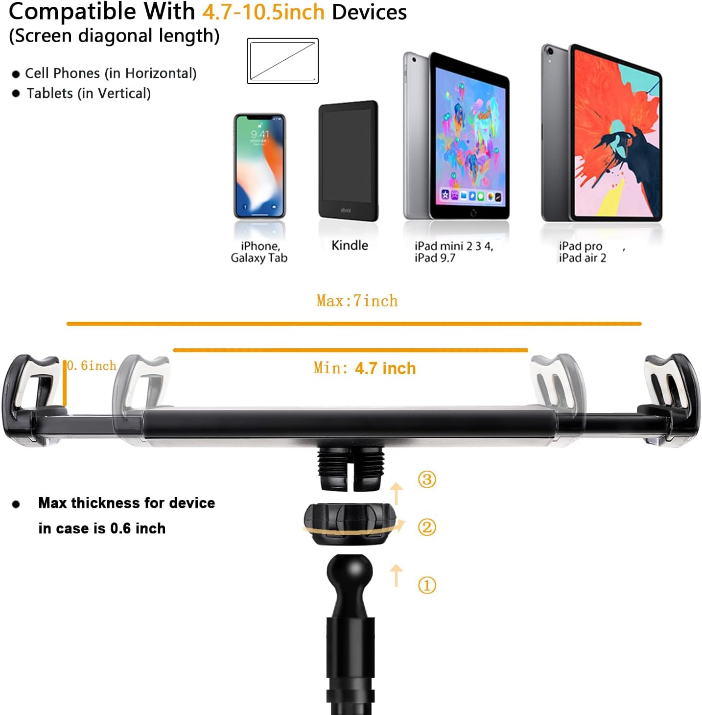 Gooseneck Tablet Kindle Holder Stand for Bed Reading,33in Flexible Long Arm Clamp Clip Mount for iPad, iPhone, Galaxy Tabs, Switch, Kindle Fire, Phone 4.7''-10.5'' Tablet Devices