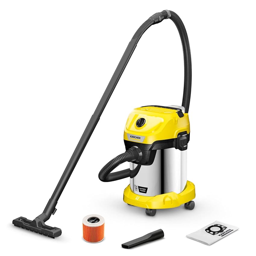 Kärcher aspiratore solidi liquidi a batteria WD 3 Battery Premium, filtro a cartuccia, tubo di aspirazione:2 m, contenitore in acciaio inox: 17 l, utilizzabile con batteria 36V non inclusa