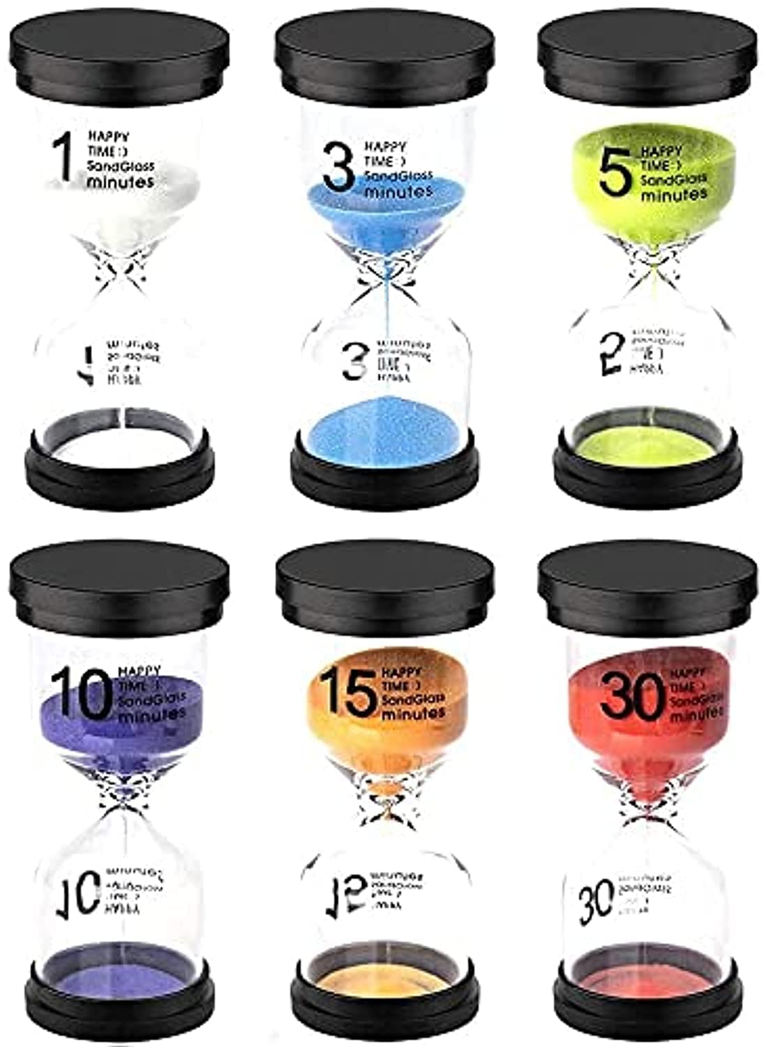 6Pcs Sand Timer Set, Black Cover Hourglass, Sand Timer Set 1/3 / 5/10 / 15/30 Minutes 6 Colors for Classroom Game Home Office Decoration, Kids, Classroom, Kitchen, Games.
