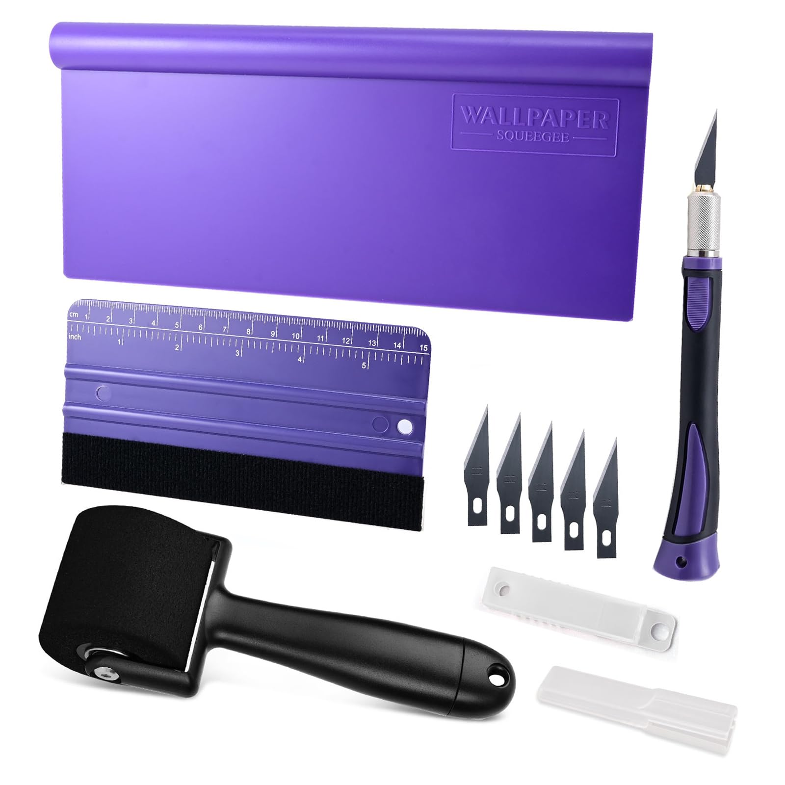 NEWISHTOOL Wallpaper smoothing tool including sponge sewing roller, purple straightener, felt squeegee, precision cutting knife, use to apply-image-15