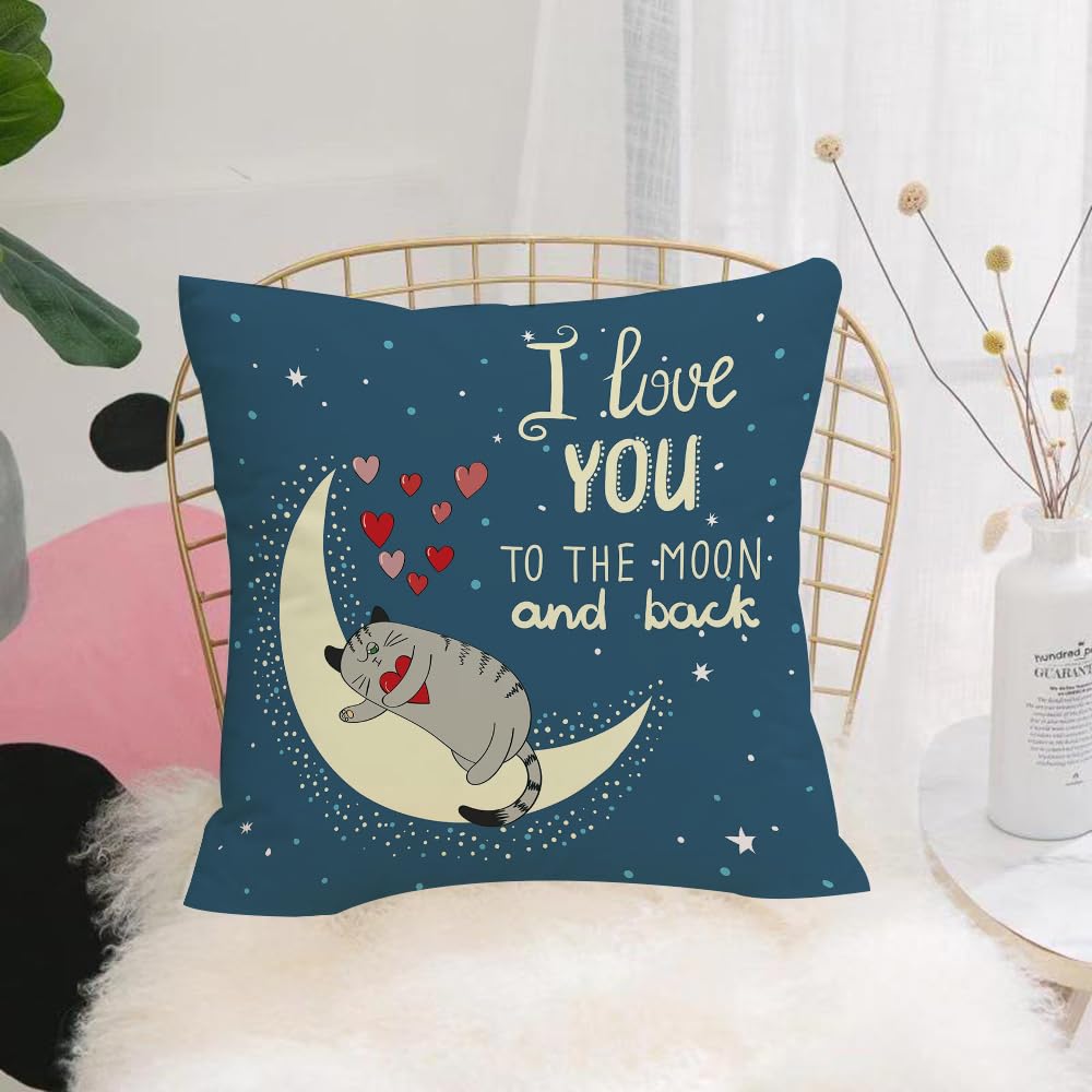 HYOSXW Cushion Cover,Throw Pillow Case Home Decorative for Living Room Bedroom Sofa Chair 16X16 Inch,Love background with cute cat and moon. I love you to the moon and back,Pillowcase 40X40cm